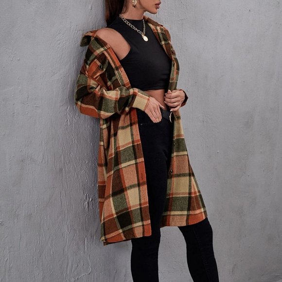 Casual Plaid Print Flap Pocket button down Duster Jacker Coat - Picture 5 of 7